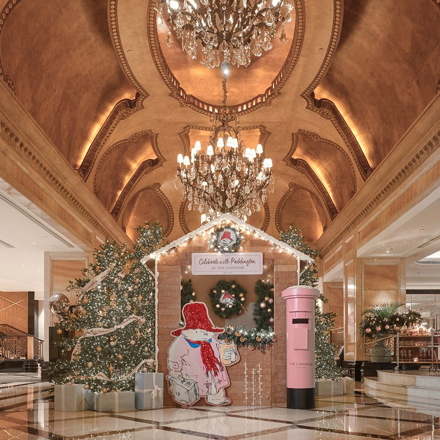 A festive Christmas lobby at The Langham, Hong Kong